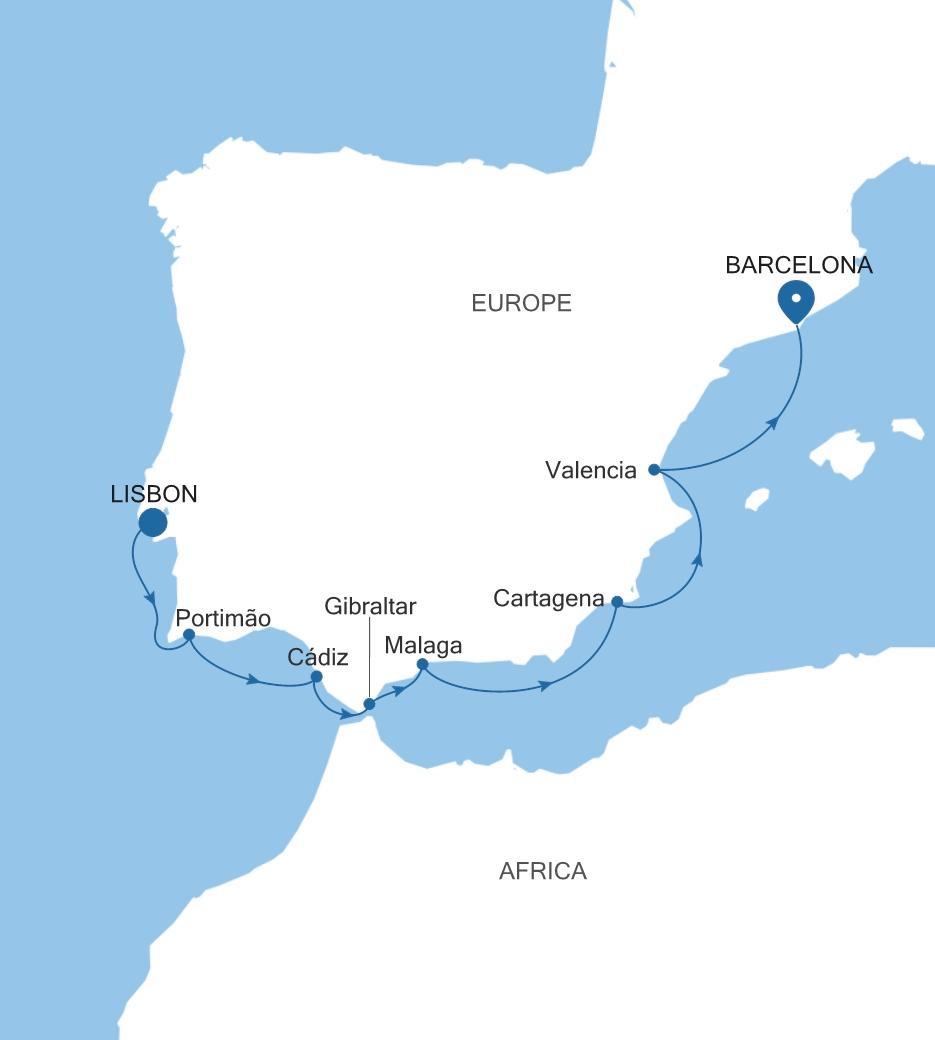 Silver Dawn Lisbon to Barcelona voyage DA261025007 itinerary map