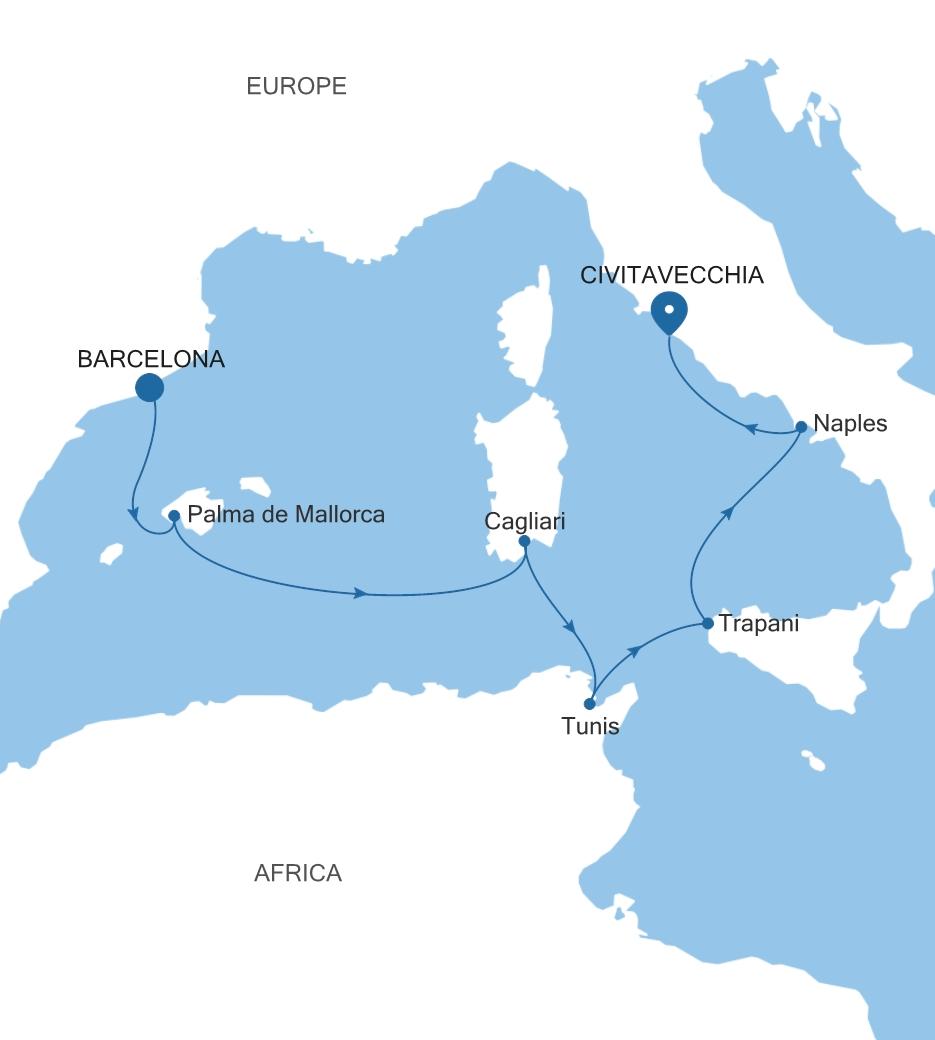 Silver Dawn Barcelona to Civitavecchia (Rome) voyage DA261101007 itinerary map