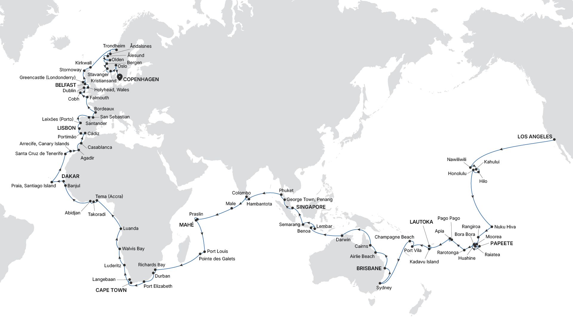Silver Dawn Los Angeles, California to Copenhagen voyage DA270108149 itinerary map