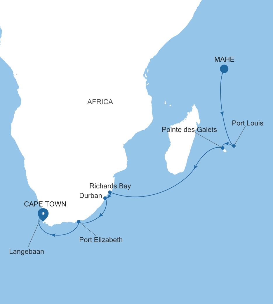 Silver Dawn Mahe to Cape Town voyage DA270328014 itinerary map