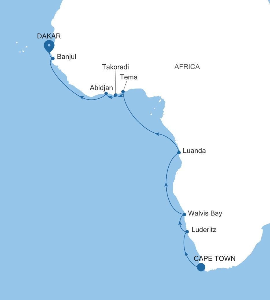 Silver Dawn Cape Town to Dakar voyage DA270411019 itinerary map
