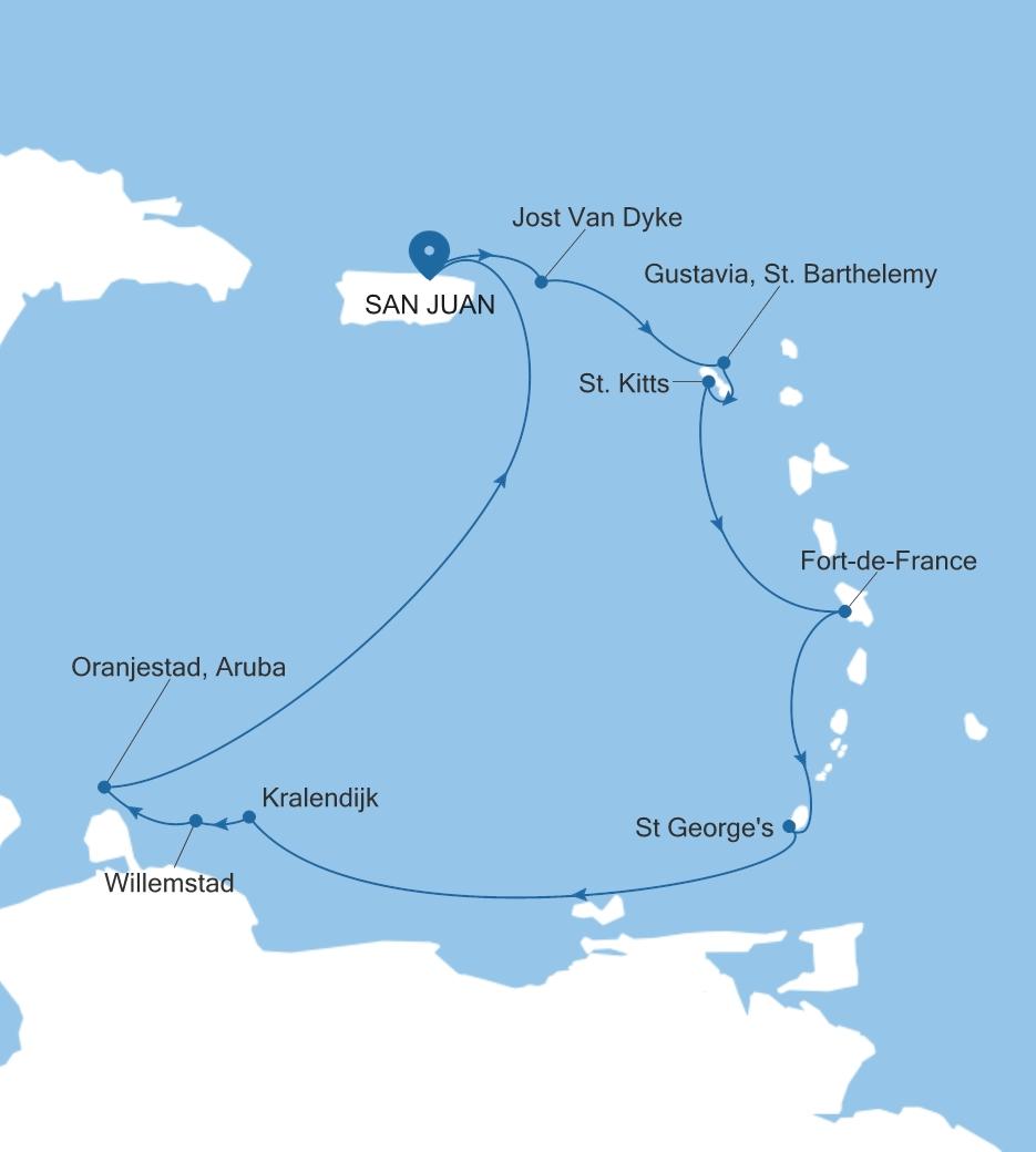 Silver Dawn San Juan to San Juan voyage DA280104011 itinerary map