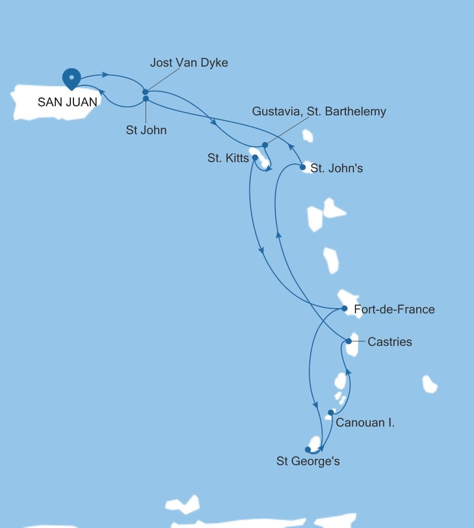 Silver Dawn San Juan to San Juan voyage DA280115010 itinerary map