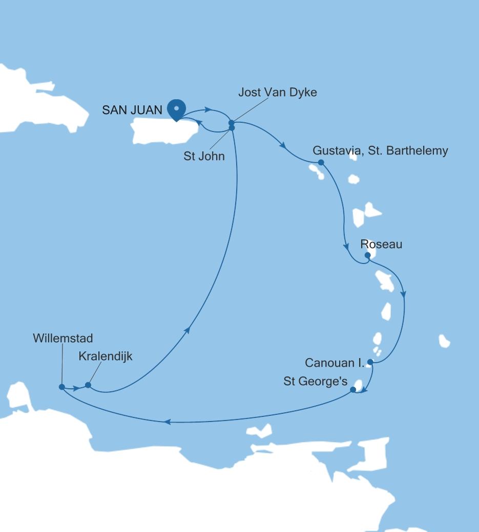 Silver Dawn San Juan to San Juan voyage DA280125011 itinerary map
