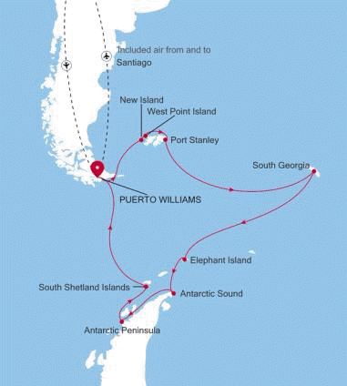 Silversea Cruises Silver Endeavour Map 2026 Puerto Williams to Puerto Williams