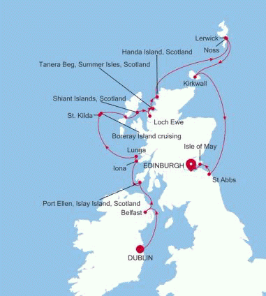 Silversea Cruises Silver Endeavour Map 2026 Dublin to Edinburgh (Leith)