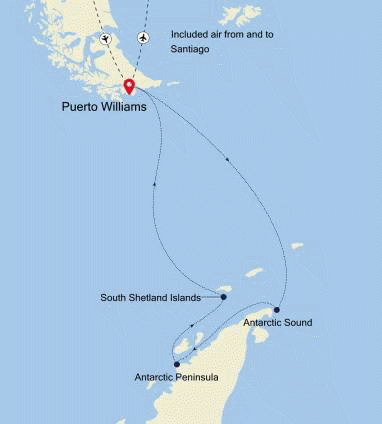 Silversea Cruises Silver Endeavour Map 2026 Puerto Williams to Puerto Williams