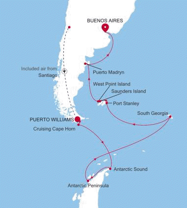 Silversea Cruises Silver Endeavour Map 2027 Puerto Williams to Buenos Aires