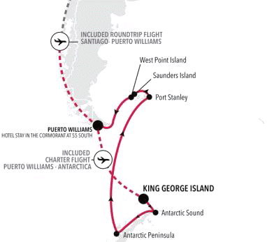 Silversea Cruises Silver Endeavour Map 2027 World Cruise King&nbsp;George Island to Puerto Williams