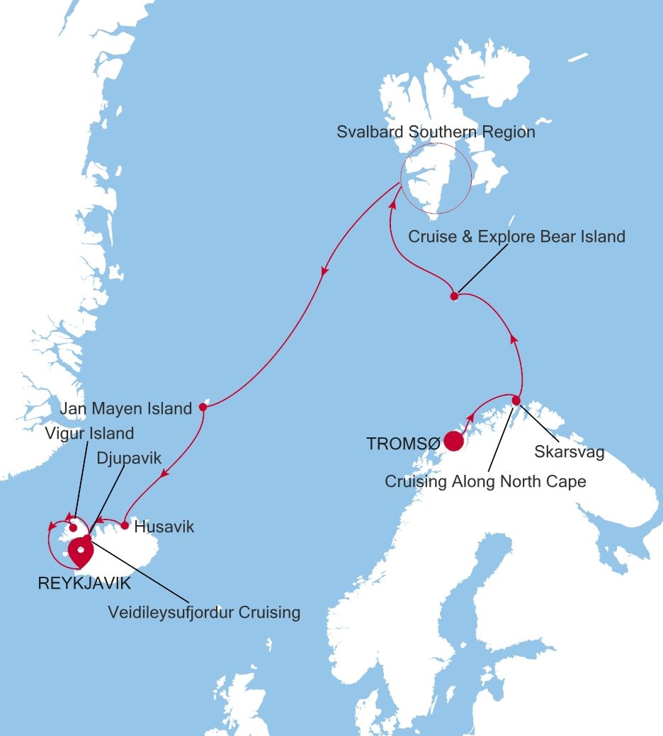 Silver Endeavour Tromsø to Reykjavik voyage EV260811013 itinerary map