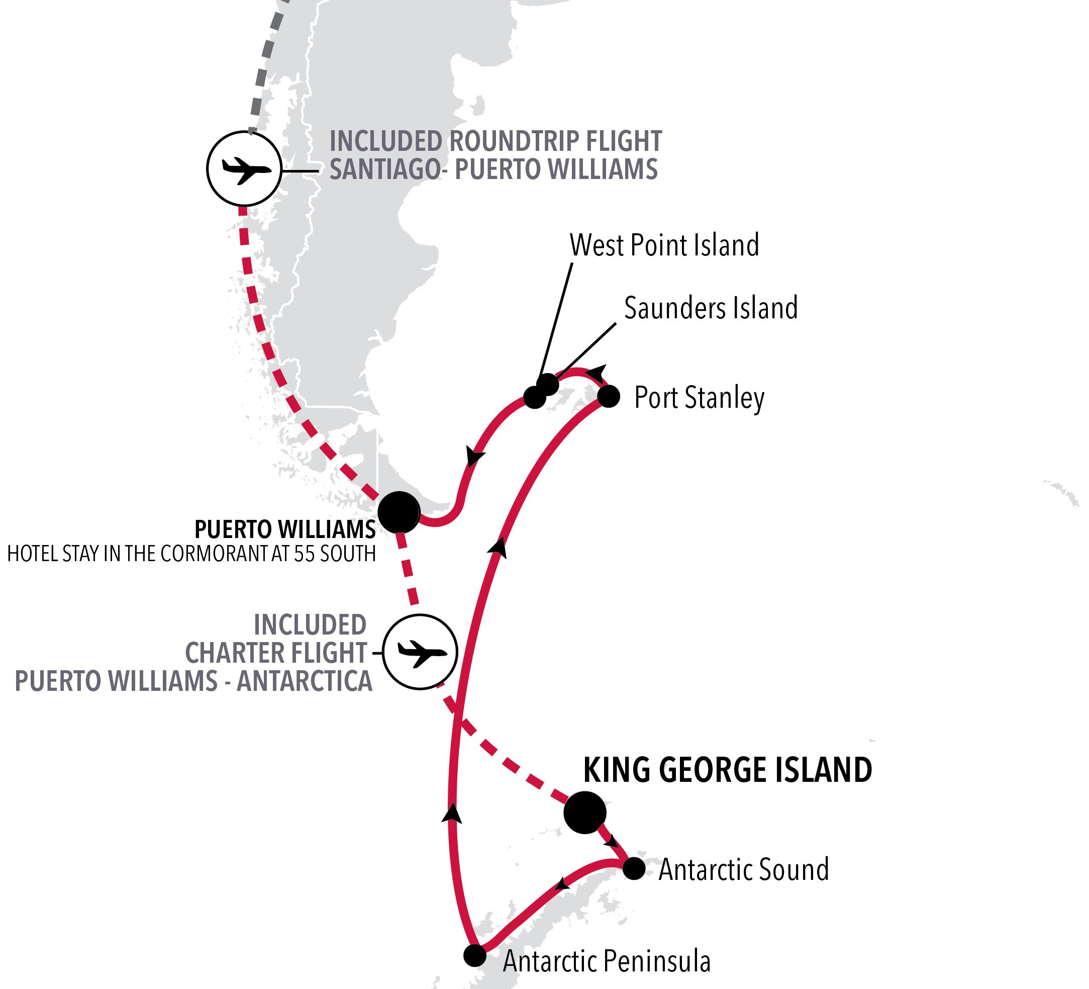 Silver Endeavour King George Island to Puerto Williams voyage EV270102013 itinerary map