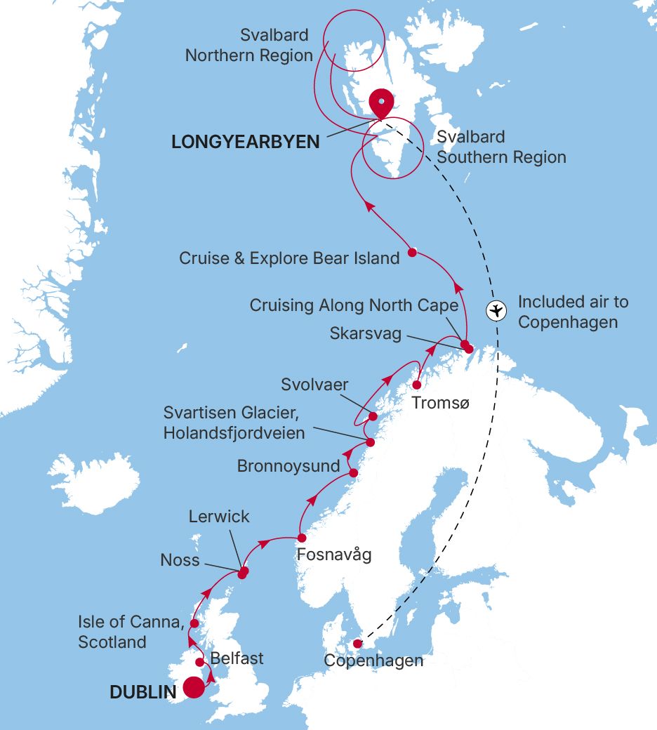 Silver Endeavour Dublin to Longyearbyen voyage EV270519018 itinerary map
