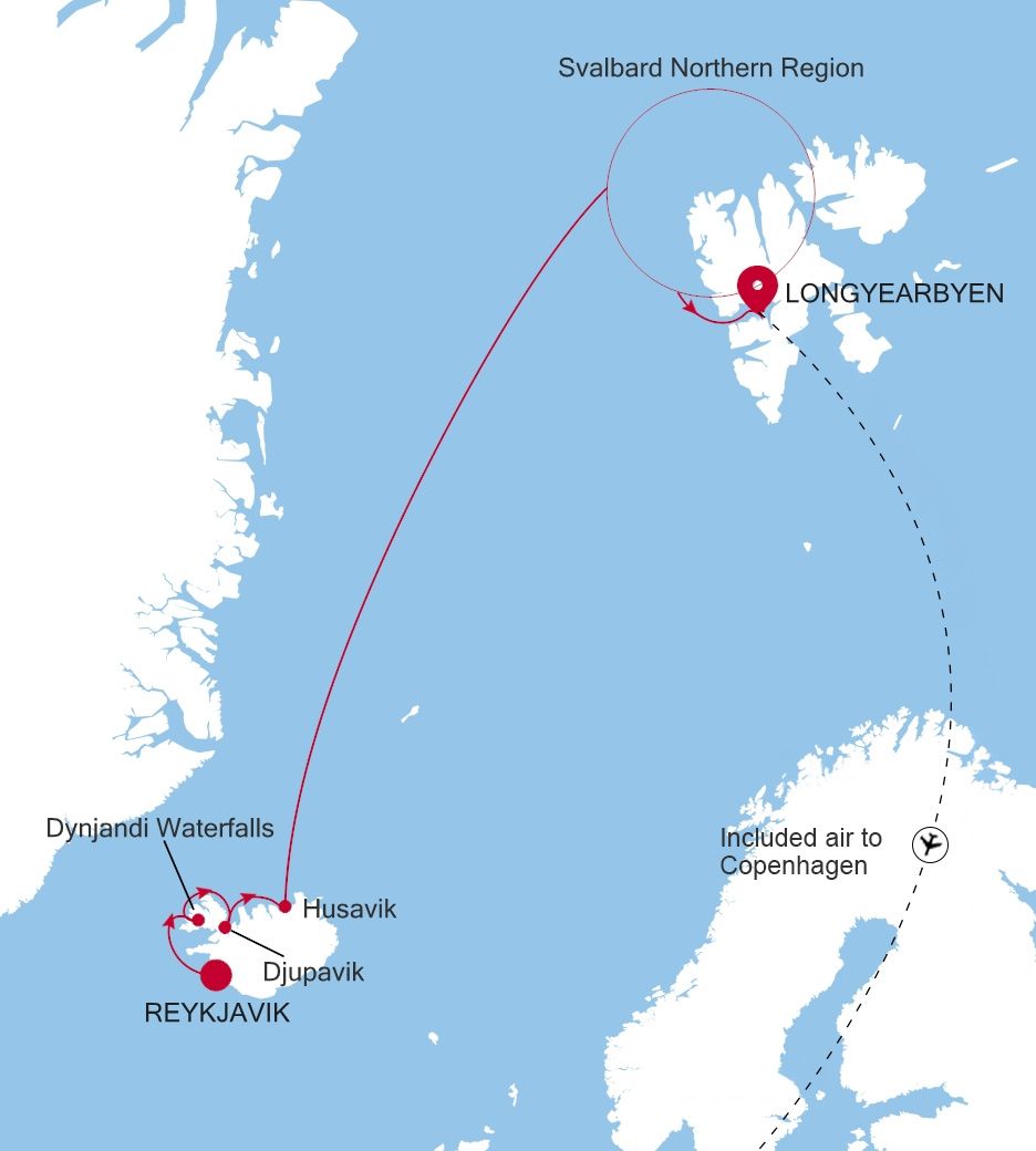 Silver Endeavour Reykjavik to Longyearbyen voyage EV270731011 itinerary map