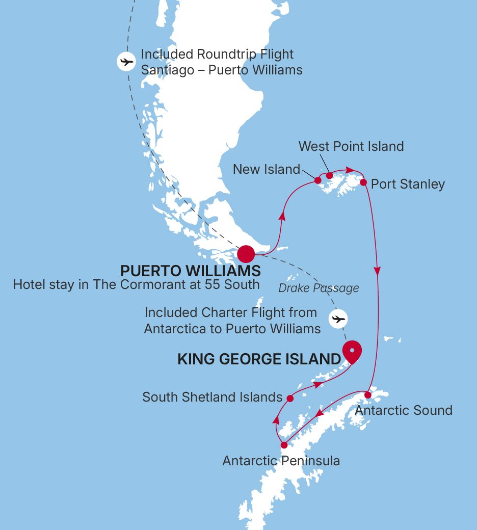 Silver Endeavour Puerto Williams to King George Island voyage EV271016013 itinerary map