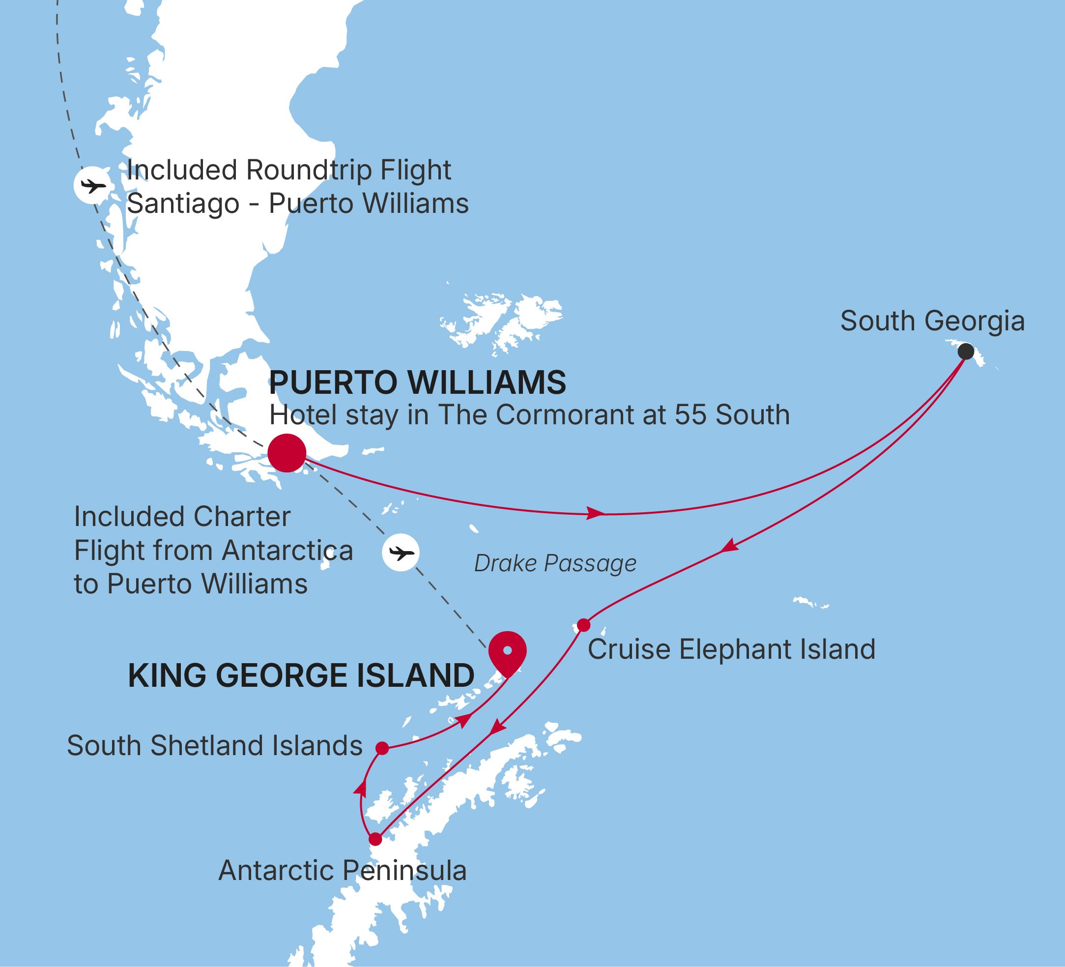 Silver Endeavour Puerto Williams to King George Island voyage EV281023014 itinerary map