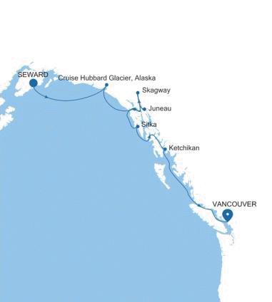 Silversea Cruises Silver Moon Map 2026 Seward (Anchorage, Alaska) to Vancouver