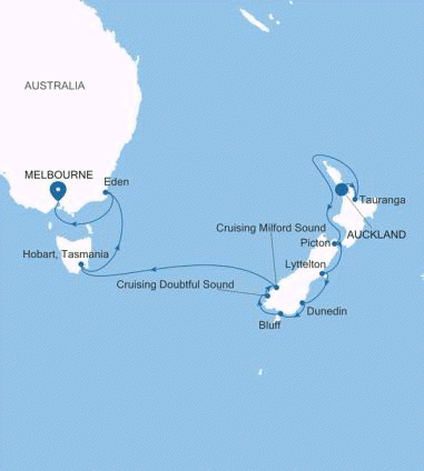 Silversea Cruises Silver Moon Map 2026 Auckland to Melbourne