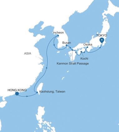 Silversea Cruises Silver Moon Map 2026 Hong Kong to Tokyo