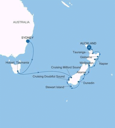 Silversea Cruises Silver Moon Map 2026 Sydney to Auckland