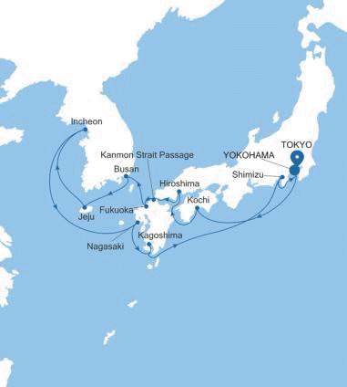 Silversea Cruises Silver Moon Map 2026 Yokohama (Tokyo) to Tokyo