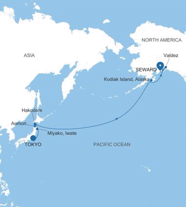 Silversea Cruises Silver Moon Map 2026 Tokyo to Seward (Anchorage, Alaska)