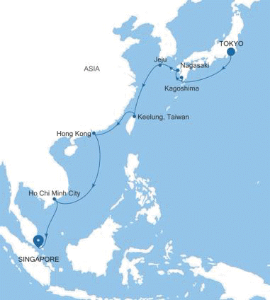 Silversea Cruises Silver Moon Map 2026 Tokyo to Singapore