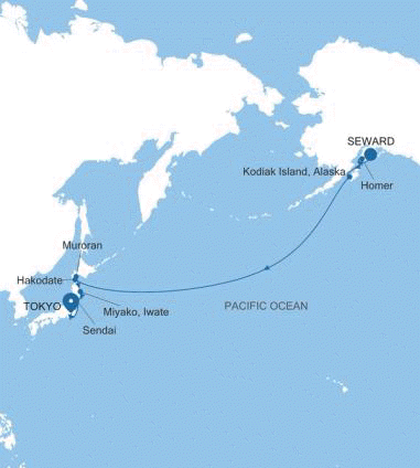 Silversea Cruises Silver Moon Map 2026 Seward (Anchorage, Alaska) to Tokyo