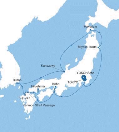 Silversea Cruises Silver Moon Map 2026 Tokyo to Yokohama (Tokyo)