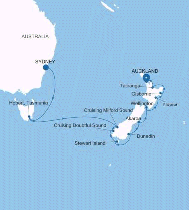 Silversea Cruises Silver Moon Map 2027 Sydney to Auckland