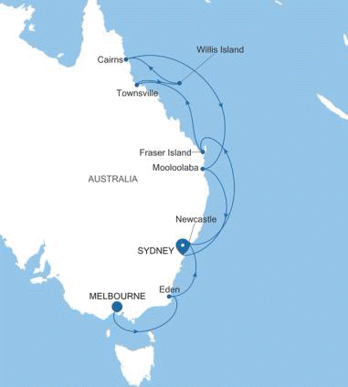 Silversea Cruises Silver Moon Map 2027 Melbourne to Sydney