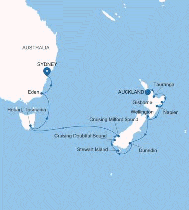 Silversea Cruises Silver Moon Map 2027 Auckland to Sydney