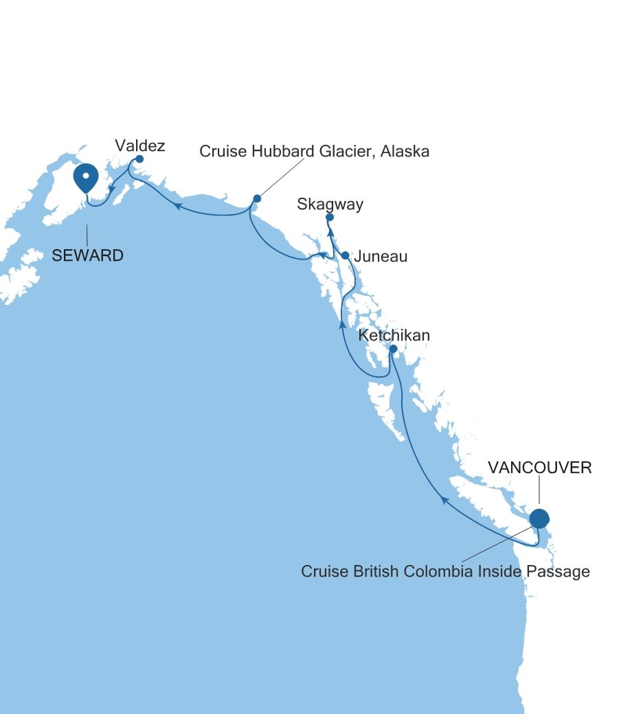 Silver Moon Vancouver to Seward (Anchorage, Alaska) voyage MO260813007 itinerary map