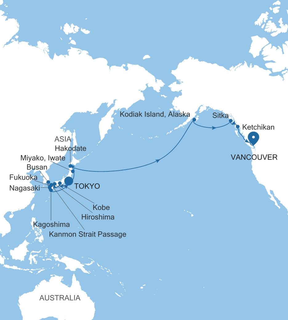 Silver Moon Tokyo to Vancouver voyage MO270501C27 itinerary map