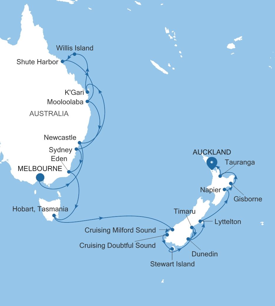 Silver Moon Melbourne to Auckland voyage MO271210C26 itinerary map
