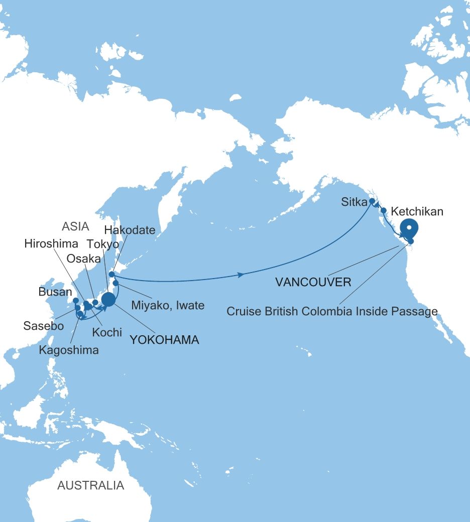Silver Moon Yokohama (Tokyo) to Vancouver voyage MO280428C26 itinerary map
