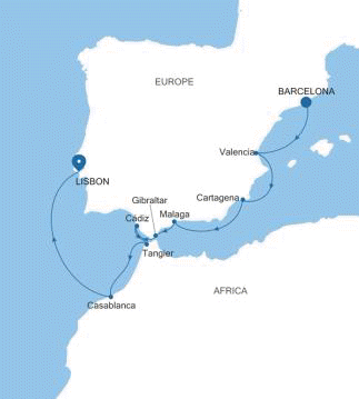 Silversea Cruises Silver Muse Map 2026 Barcelona to Lisbon
