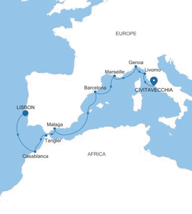 Silversea Cruises Silver Muse Map 2026 Lisbon to Civitavecchia (Rome)