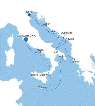 Silversea Cruises Silver Muse Map 2026 Fusina (Venice) to Civitavecchia (Rome)
