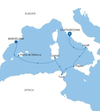 Silversea Cruises Silver Muse Map 2026 Barcelona to Civitavecchia (Rome)