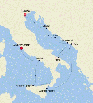 Silversea Cruises Silver Muse Map 2026 Civitavecchia (Rome) to Fusina (Venice)