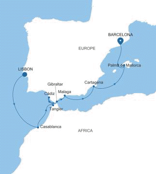 Silversea Cruises Silver Muse Map 2026 Lisbon to Barcelona