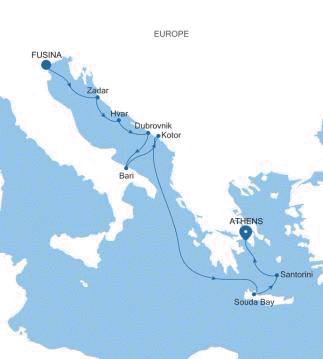 Silversea Cruises Silver Muse Map 2026 Fusina (Venice) to Athens (Piraeus)
