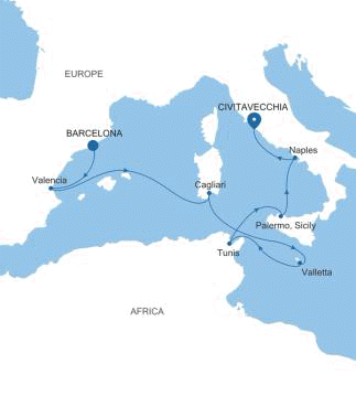 Silversea Cruises Silver Muse Map 2026 Barcelona to Civitavecchia (Rome)