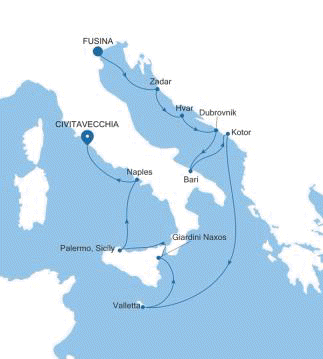 Silversea Cruises Silver Muse Map 2026 Fusina (Venice) to Civitavecchia (Rome)
