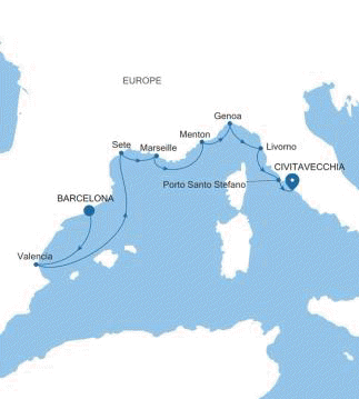 Silversea Cruises Silver Muse Map 2026 Barcelona to Civitavecchia (Rome)