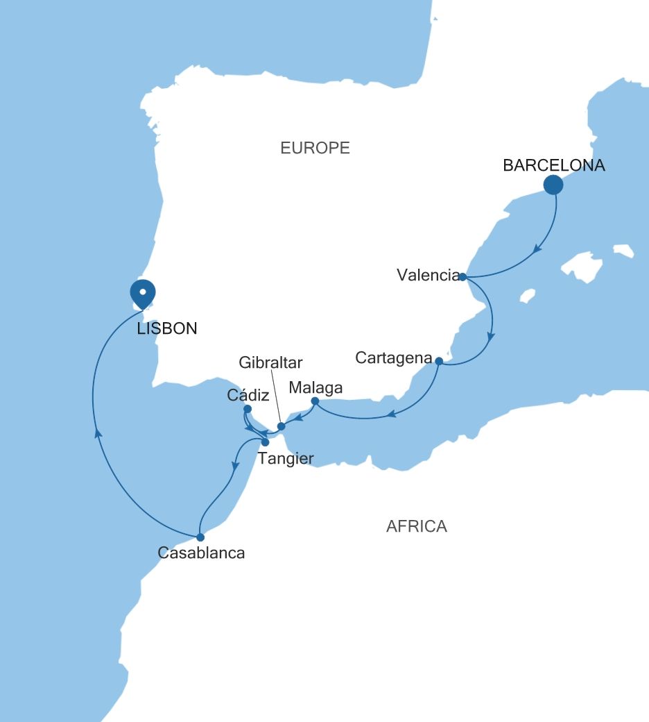 Silver Muse Barcelona to Lisbon voyage SM260810010 itinerary map