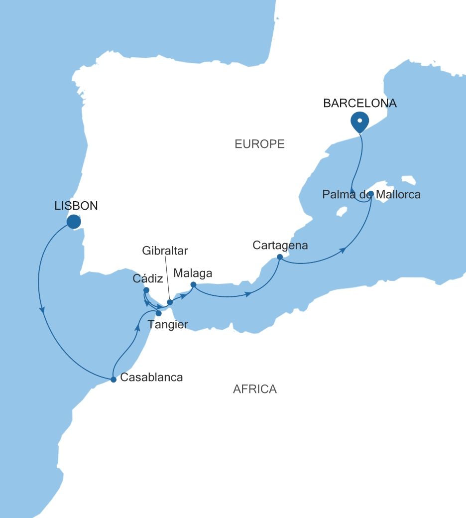 Silver Muse Lisbon to Barcelona voyage SM260820009 itinerary map
