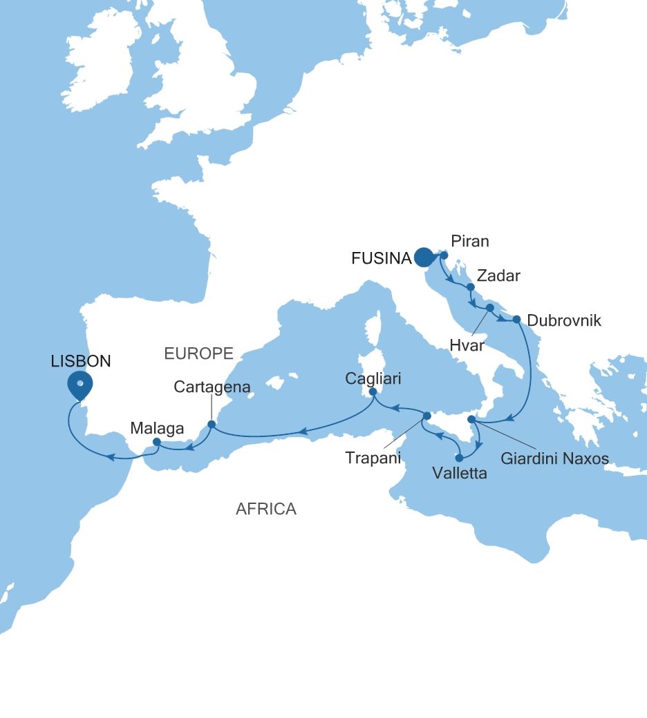 Silver Muse Fusina (Venice) to Lisbon voyage SM261007014 itinerary map