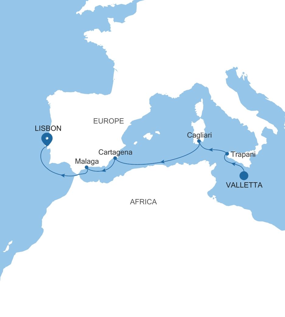 Silver Muse Valletta to Lisbon voyage SM261014S07 itinerary map