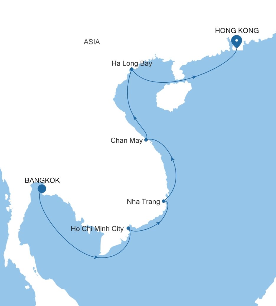 Silver Muse Bangkok (Laem Chabang) to Hong Kong voyage SM280223011 itinerary map